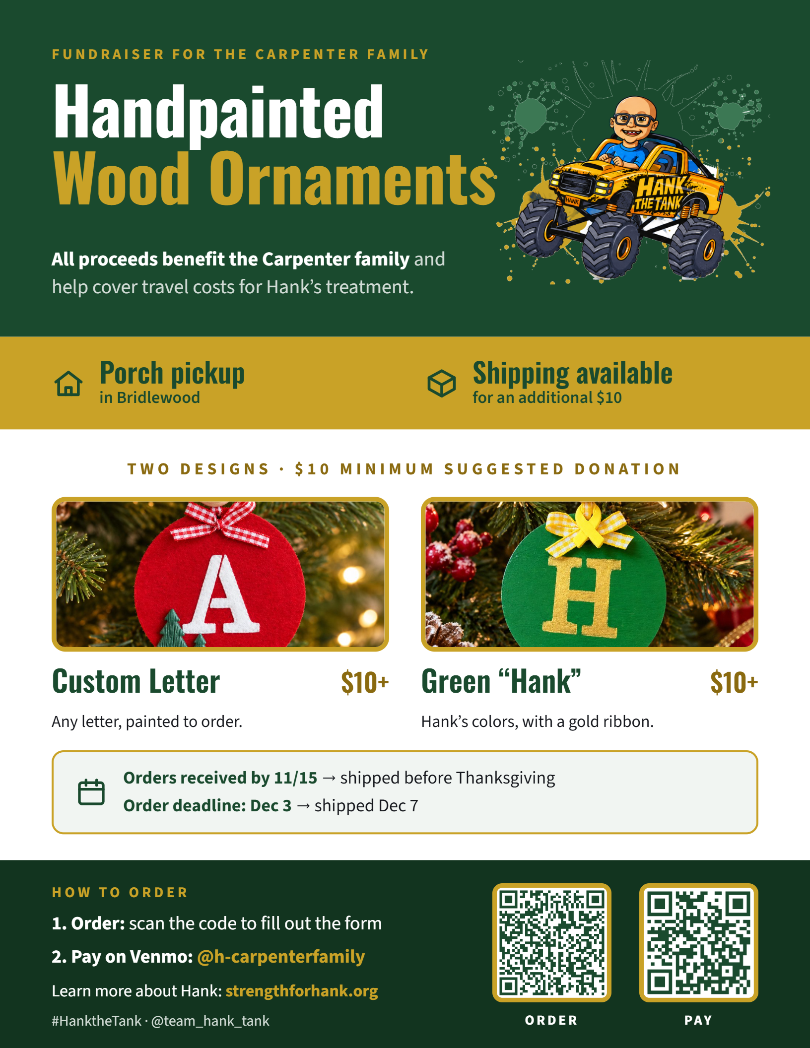Hank ornament fundraiser flyer showing custom letter and green Hank designs